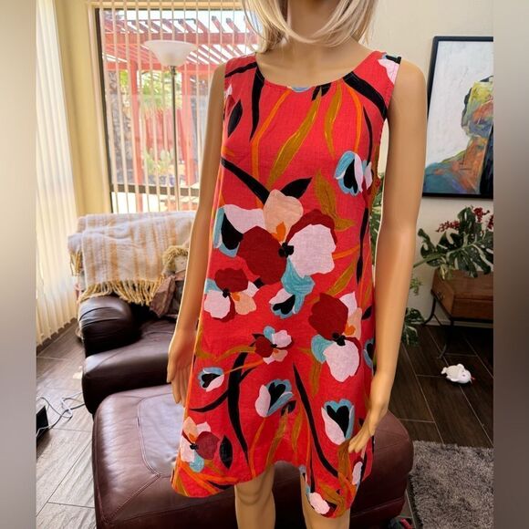 Sigrid Olsen orange floral mini linen trapeze dress with pockets. Sz M - Picture 4 of 16